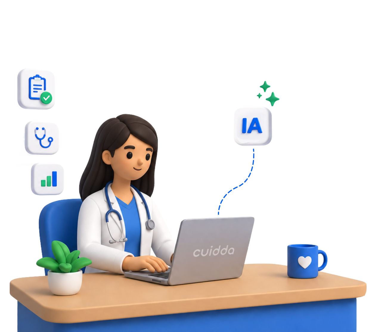 Profesional de salud trabajando en laptop con asistencia de inteligencia artificial